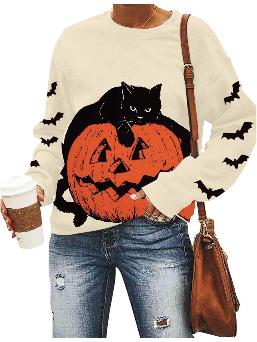 🆕 Women’s Cream Black Cat Pumpkin Bats Halloween Crewneck Sweatshirt